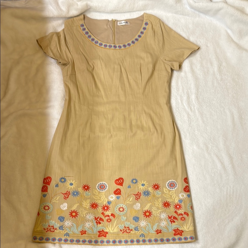 Floral Embroidered Tan Dress